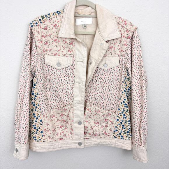 BlankNYC Womens Denim Trucker Jacket Size XS Floral Feminine Pastel Spring Cream - Picture 1 of 9